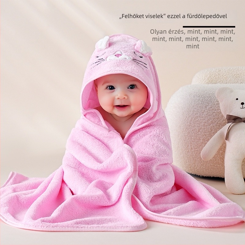 Baba kapucnis fürdőlepedő - korall plüss, 150D, 120–140 g, gyors száradás, minta: rajzfilm, betűk, hímzés