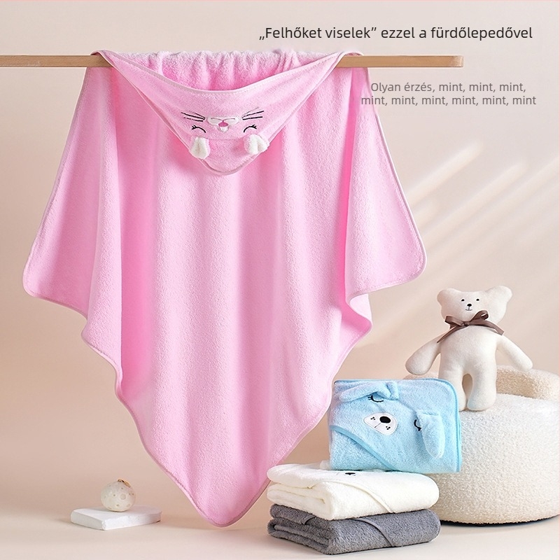 Baba kapucnis fürdőlepedő - korall plüss, 150D, 120–140 g, gyors száradás, minta: rajzfilm, betűk, hímzés