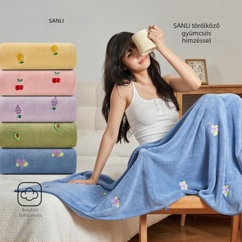 Sanli korall fleece fürdőlepedő készlet, arc- és törölköző, gyümölcs hímzéssel, nedvszívó