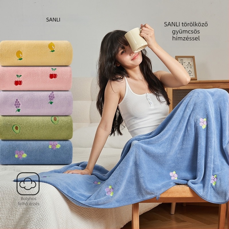 Sanli korall fleece fürdőlepedő készlet, arc- és törölköző, gyümölcs hímzéssel, nedvszívó