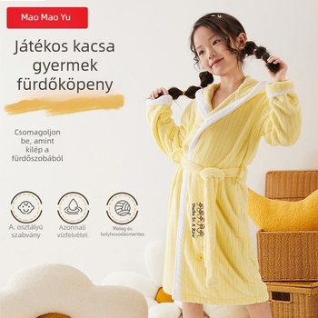 Gyerekeknek készült korall-flízes kapucnis fürdőköntös, magas nedvszívás, aranyos hímzés