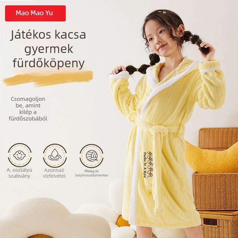 Gyerekeknek készült korall-flízes kapucnis fürdőköntös, magas nedvszívás, aranyos hímzés