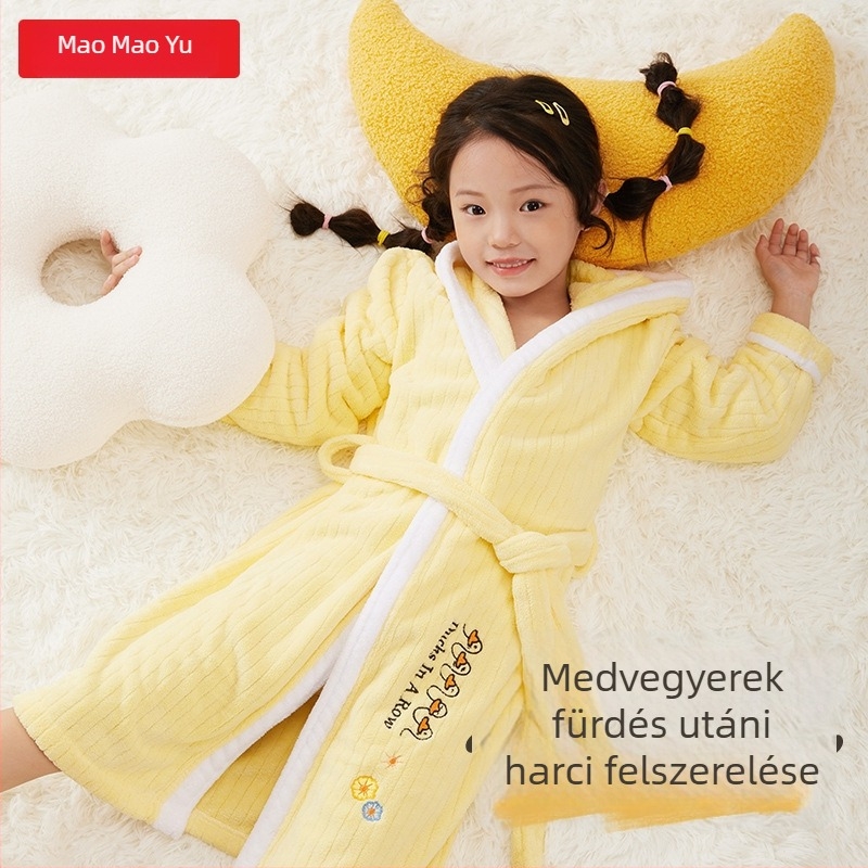 Gyerekeknek készült korall-flízes kapucnis fürdőköntös, magas nedvszívás, aranyos hímzés