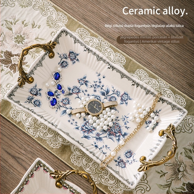 Porcelán gyümölcstál kettős fogantyúval, könnyű luxus retro stílus, súly 1,6 kg
