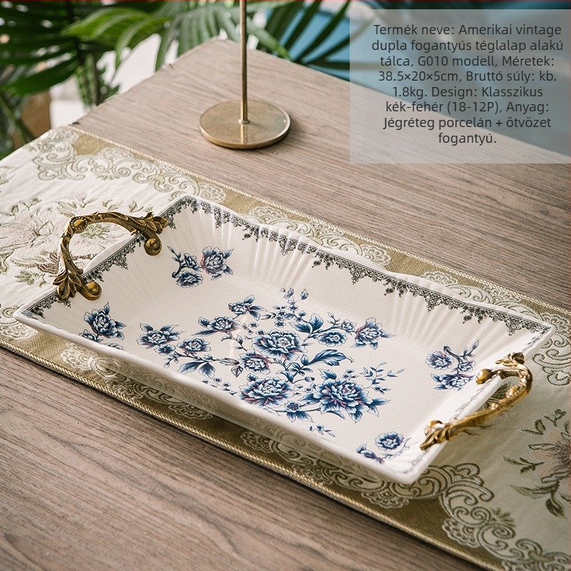Porcelán gyümölcstál kettős fogantyúval, könnyű luxus retro stílus, súly 1,6 kg