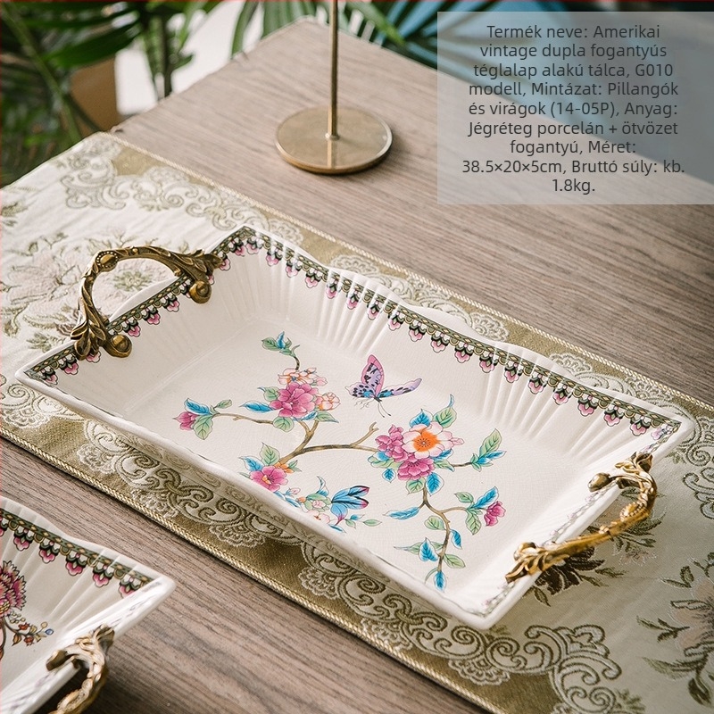Porcelán gyümölcstál kettős fogantyúval, könnyű luxus retro stílus, súly 1,6 kg