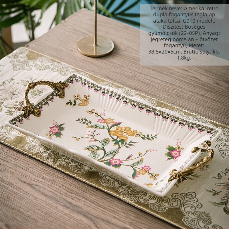 Porcelán gyümölcstál kettős fogantyúval, könnyű luxus retro stílus, súly 1,6 kg