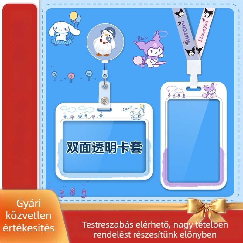 Kártyatartó, kétoldalú átlátszó ablak, aranyos anime minta, csúsztatással nyíló, műanyag