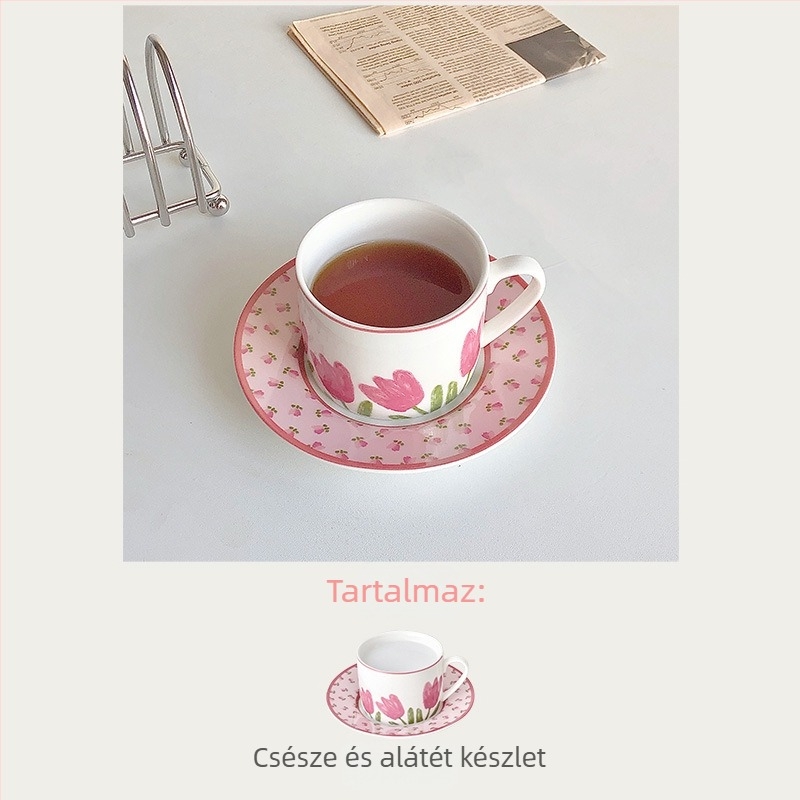Kerámia kávéscsésze és saucer készlet, virágos minta, logó nyomtatva, irodai és kávézói használatra
