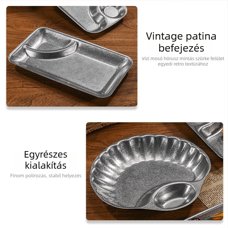 Rozsdamentes acélból készült snack tál szószrekeszessel, kagyló alakú, retro stílus, aszimmetrikus forma