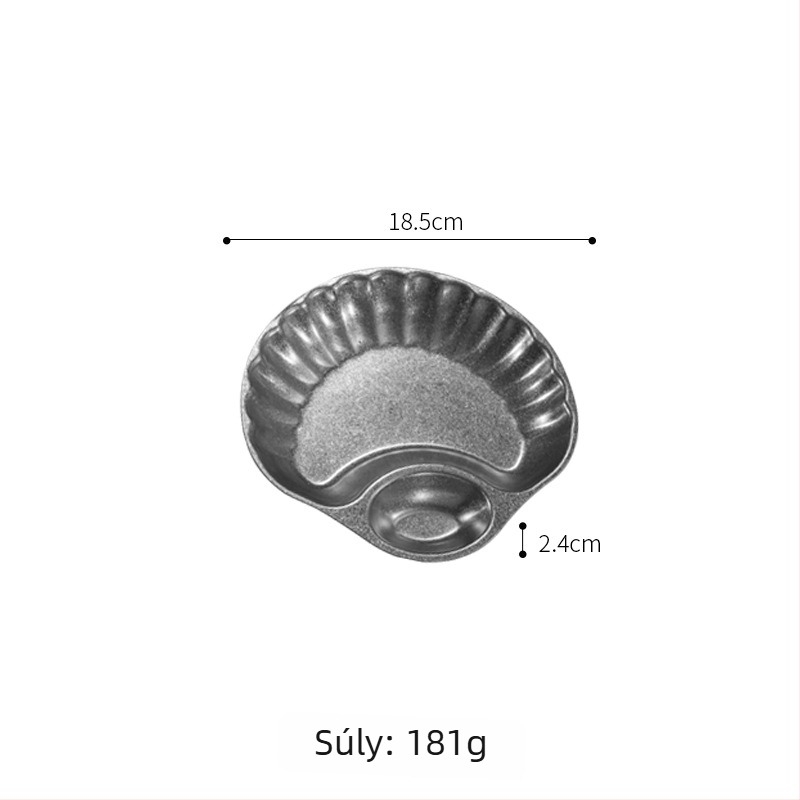 Rozsdamentes acélból készült snack tál szószrekeszessel, kagyló alakú, retro stílus, aszimmetrikus forma