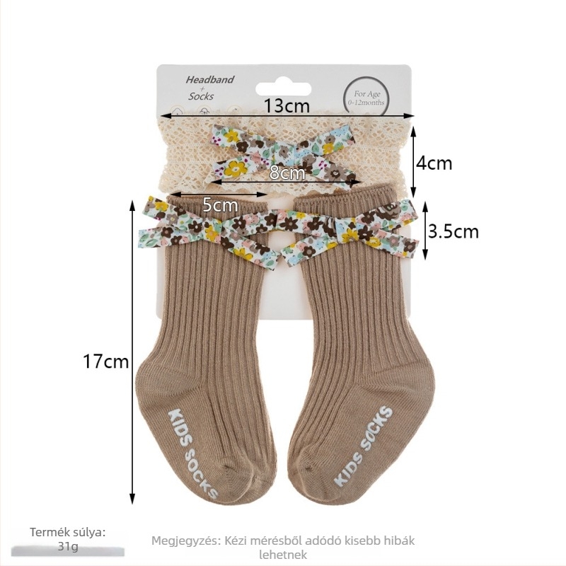 Csipkés hajgumi és gyerek zokni készlet — anyag: textil, csúszásmentes talpú zoknik, 0–3 és 3–6 évesek