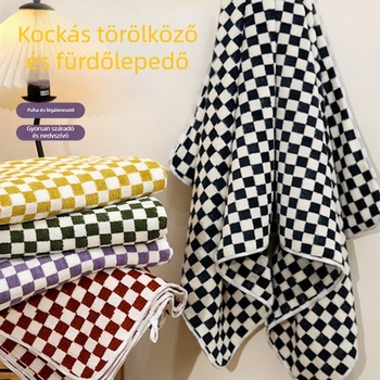 Sakktáblás korall plüss törölköző – fürdő- és arc­törölköző, nedvszívó, vastag, szöszmentes