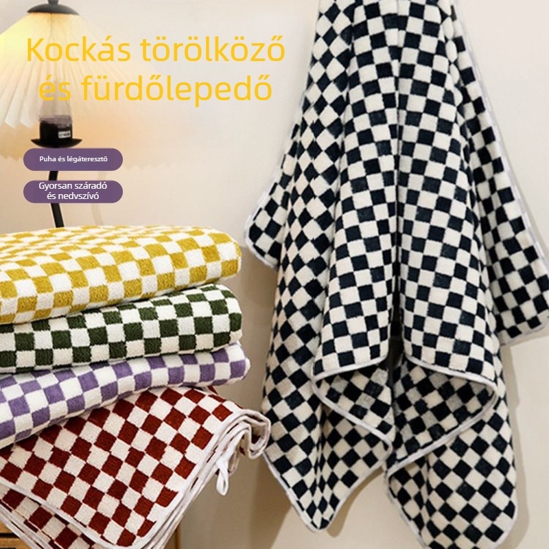 Sakktáblás korall plüss törölköző – fürdő- és arc­törölköző, nedvszívó, vastag, szöszmentes