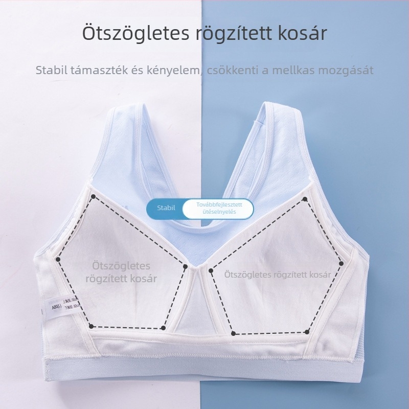 Tinédzser lányoknak készült melltartó, poliészter anyagból, pamut bélés, vest-stílus, teljes kosár, merevítő nélkül, kényelmes