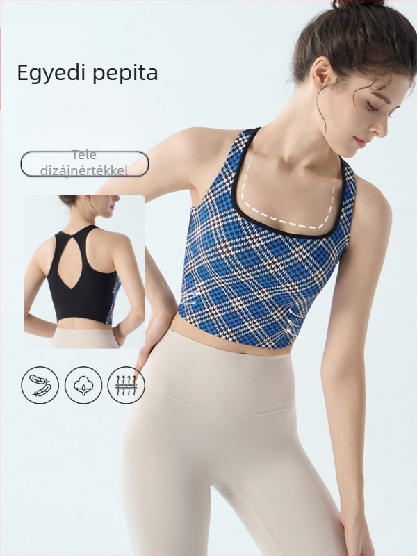 Női sportmelltartó fix párnákkal, houndstooth mintás, jóga- és edzésfelső