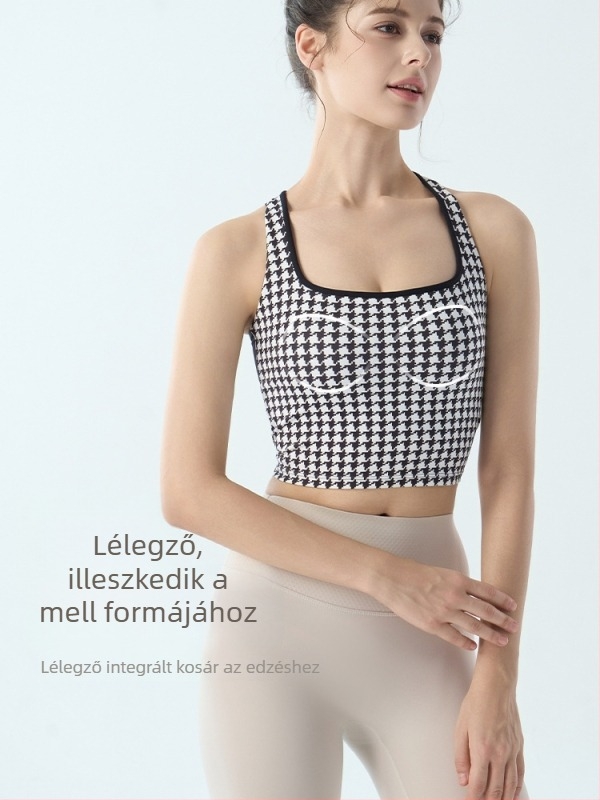 Női sportmelltartó fix párnákkal, houndstooth mintás, jóga- és edzésfelső