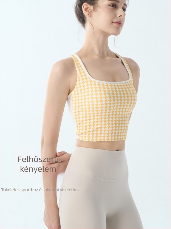Női sportmelltartó fix párnákkal, houndstooth mintás, jóga- és edzésfelső