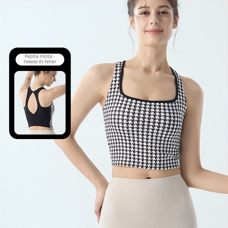 Női sportmelltartó fix párnákkal, houndstooth mintás, jóga- és edzésfelső