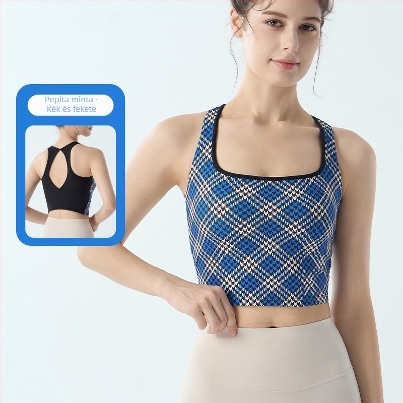 Női sportmelltartó fix párnákkal, houndstooth mintás, jóga- és edzésfelső