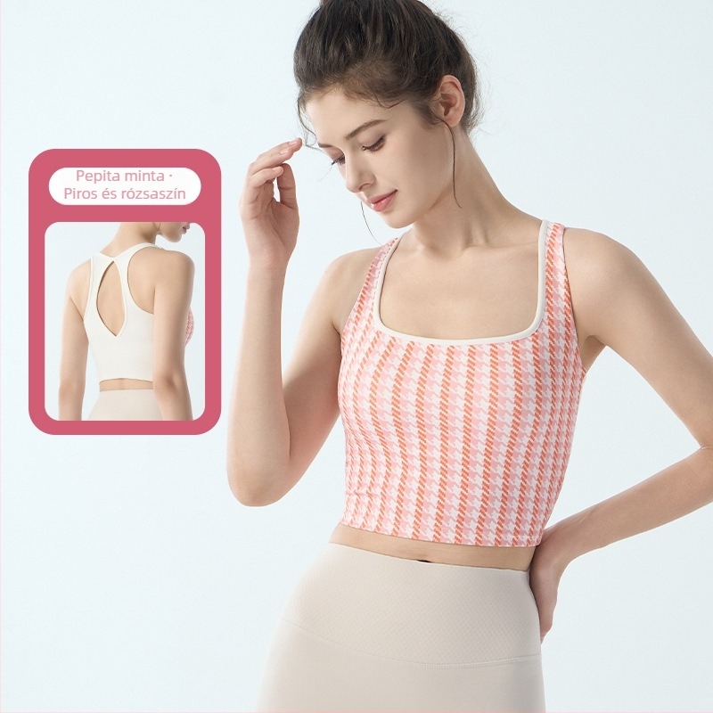 Női sportmelltartó fix párnákkal, houndstooth mintás, jóga- és edzésfelső