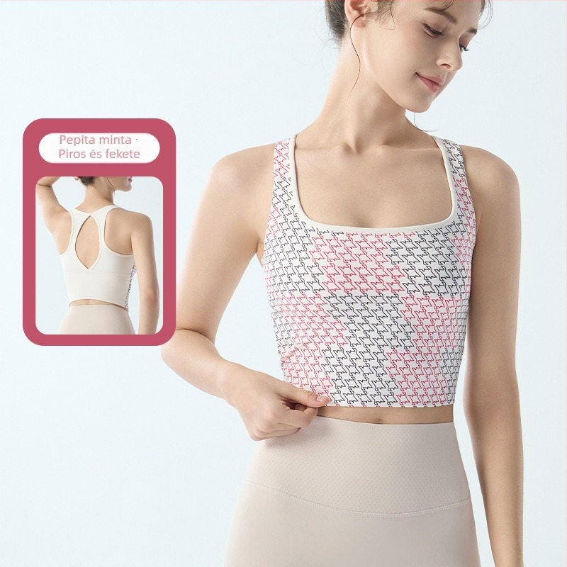 Női sportmelltartó fix párnákkal, houndstooth mintás, jóga- és edzésfelső