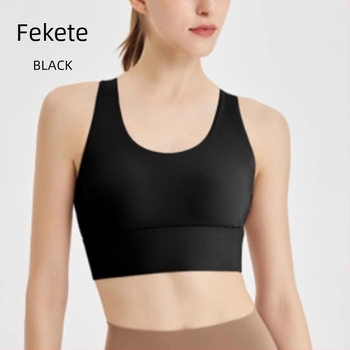 Női magas elasztikusságú keresztezett hátsó sportmelltartó, egyben készült, varrat nélküli, fix kosárral, jóga top