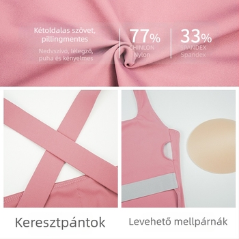 Személyre szabott sportmelltartó levehető párnával, keresztpántos hát, teljes kosár, külső anyag Nylon/Polyamide 73% (Double-Faced Brocade), bélés Spandex 27%, rögzített dupla pántok