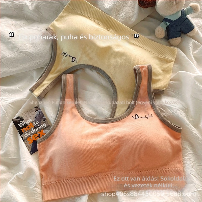 Lányoknak tervezett háromszög kosaras melltartó, nylon anyagból, vékony formázott kosár belsővel, hab, nylon bélés, fix kettős pántok