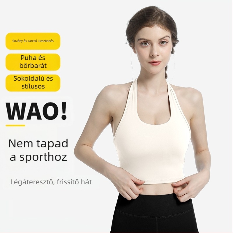 Női sportmelltartó halternekkel, hátul kettős kereszt, támogató jóga felső; anyag: 87% poliészter, bélés: 13% klórtartalmú rost; kosárméret: 1/2, közepes formájú