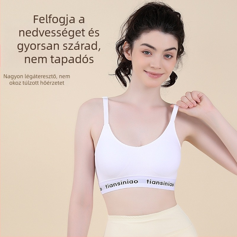 Varrat nélküli sportmelltartó, 3/4 kosár, nylon-elasztán 92/8, mellbetét, rögzített dupla vállpántok