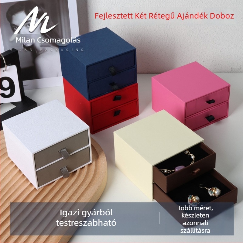 Kétrétegű ékszerdoboz fiókokkal; anyag: papír/karton; csomagolási típus: doboz; cél: ékszerek tárolása; márka: Milan