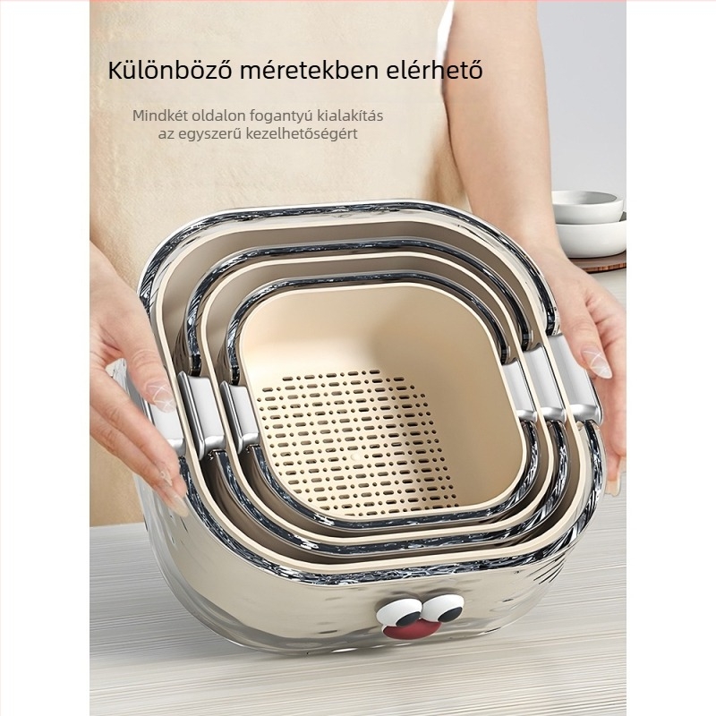 Kétszintes zöldségmosó medence lefolyó kosárral, környezetbarát PET műanyagból, cartoon minta, modern minimalist stílus, első osztályú minőség