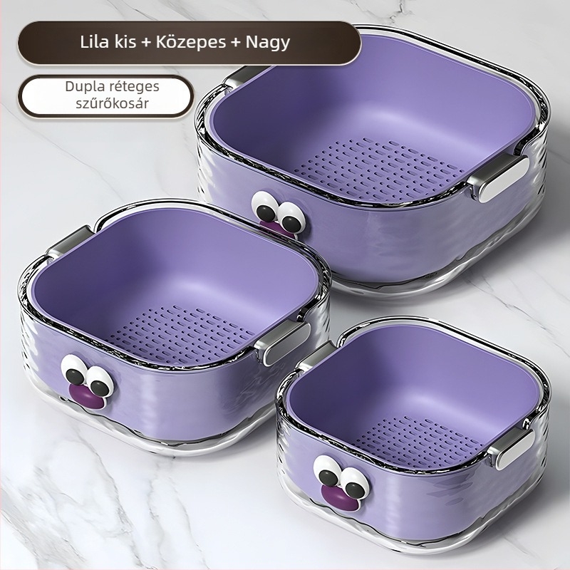 Kétszintes zöldségmosó medence lefolyó kosárral, környezetbarát PET műanyagból, cartoon minta, modern minimalist stílus, első osztályú minőség
