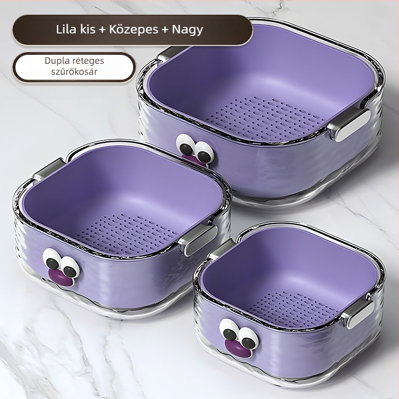 Kétszintes zöldségmosó medence lefolyó kosárral, környezetbarát PET műanyagból, cartoon minta, modern minimalist stílus, első osztályú minőség