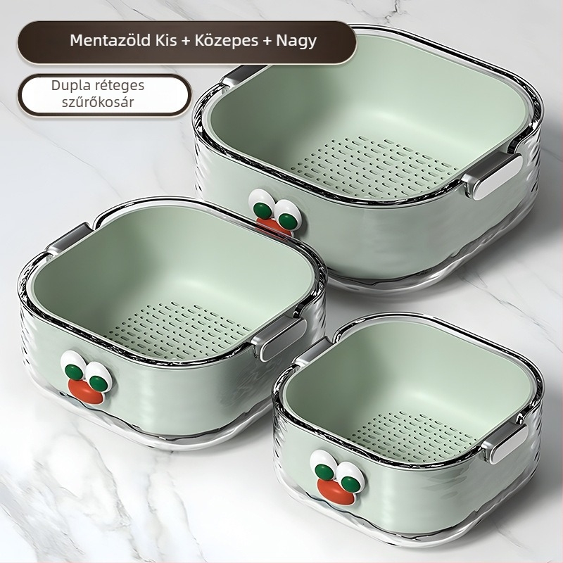 Kétszintes zöldségmosó medence lefolyó kosárral, környezetbarát PET műanyagból, cartoon minta, modern minimalist stílus, első osztályú minőség