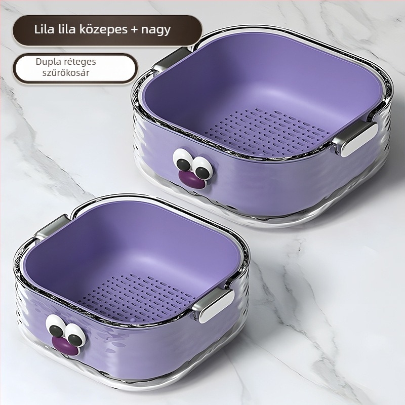 Kétszintes zöldségmosó medence lefolyó kosárral, környezetbarát PET műanyagból, cartoon minta, modern minimalist stílus, első osztályú minőség