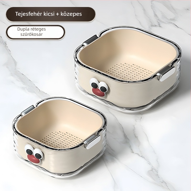 Kétszintes zöldségmosó medence lefolyó kosárral, környezetbarát PET műanyagból, cartoon minta, modern minimalist stílus, első osztályú minőség