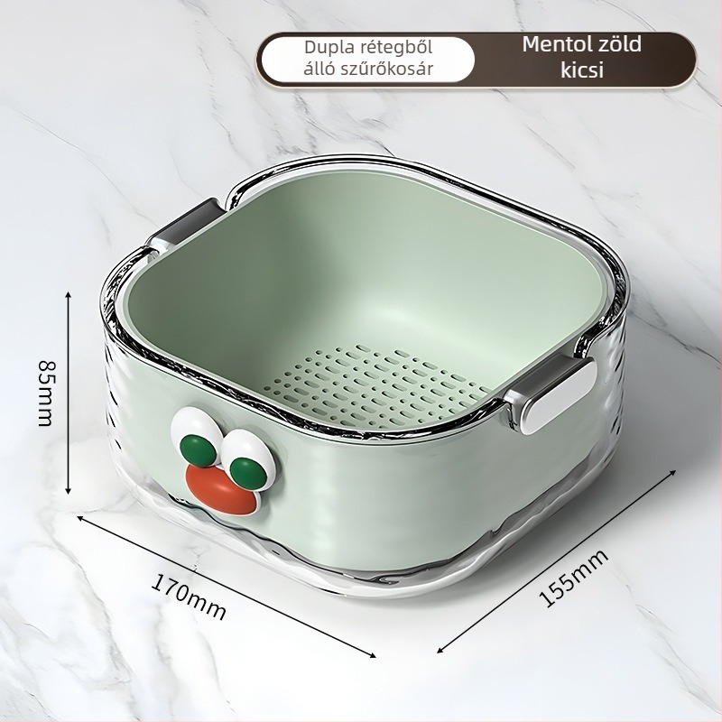 Kétszintes zöldségmosó medence lefolyó kosárral, környezetbarát PET műanyagból, cartoon minta, modern minimalist stílus, első osztályú minőség