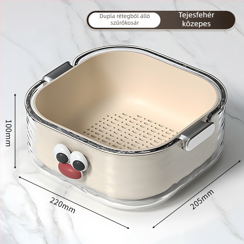 Kétszintes zöldségmosó medence lefolyó kosárral, környezetbarát PET műanyagból, cartoon minta, modern minimalist stílus, első osztályú minőség