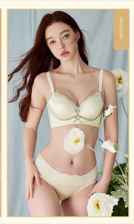 Vezeték nélküli francia csipkés melltartó, pamut anyag, 3/4 kosár, forma csésze: felső része vékonyabb, alsó része vastagabb, nylon bélés, hátul háromsoros zár