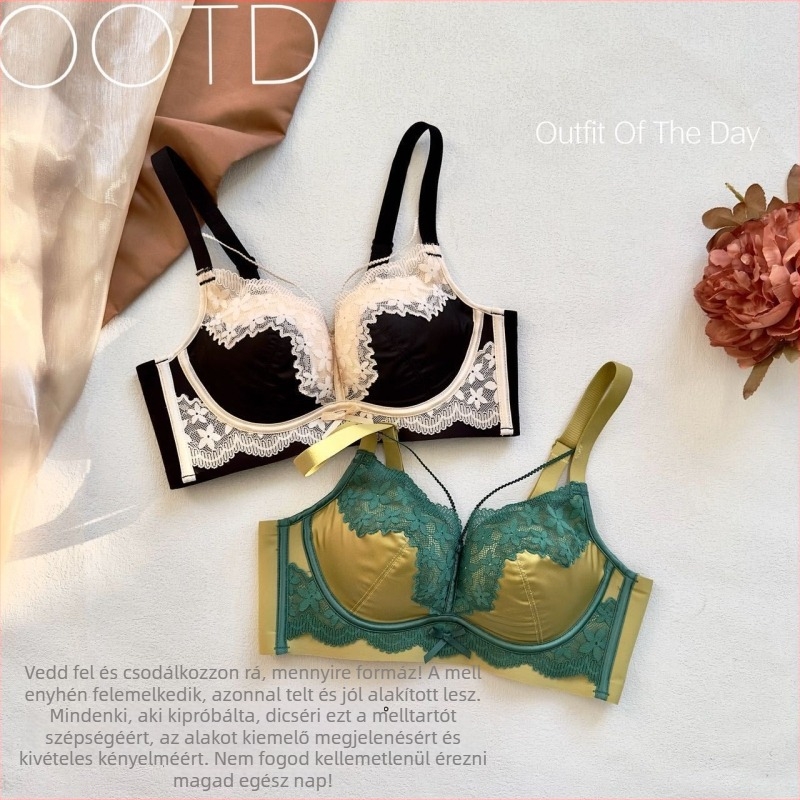 Vezeték nélküli francia csipkés melltartó, pamut anyag, 3/4 kosár, forma csésze: felső része vékonyabb, alsó része vastagabb, nylon bélés, hátul háromsoros zár