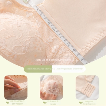 Csipkés melltartó, 3/4 kosár, vékony formázott kosár, rögzített dupla vállpánt, hátul négy sor kapocs, push-up, lélegző