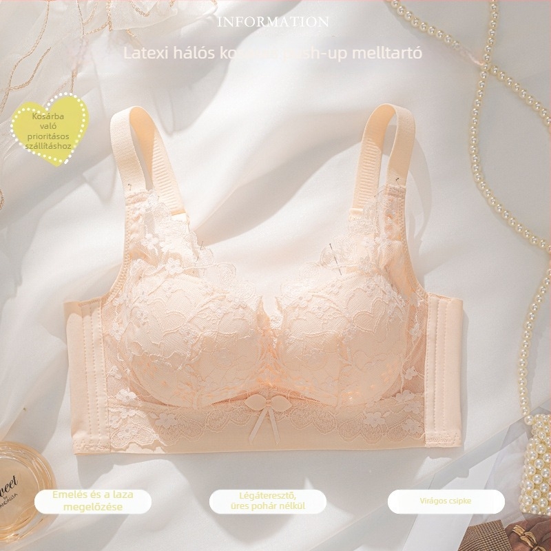 Csipkés melltartó, 3/4 kosár, vékony formázott kosár, rögzített dupla vállpánt, hátul négy sor kapocs, push-up, lélegző