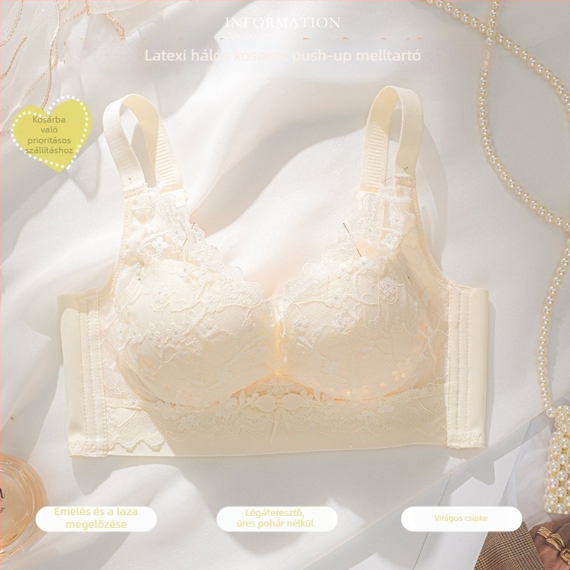 Csipkés melltartó, 3/4 kosár, vékony formázott kosár, rögzített dupla vállpánt, hátul négy sor kapocs, push-up, lélegző
