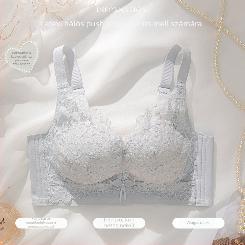 Csipkés melltartó, 3/4 kosár, vékony formázott kosár, rögzített dupla vállpánt, hátul négy sor kapocs, push-up, lélegző
