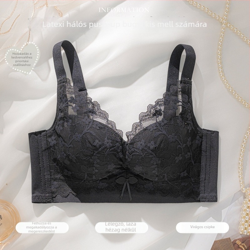Csipkés melltartó, 3/4 kosár, vékony formázott kosár, rögzített dupla vállpánt, hátul négy sor kapocs, push-up, lélegző