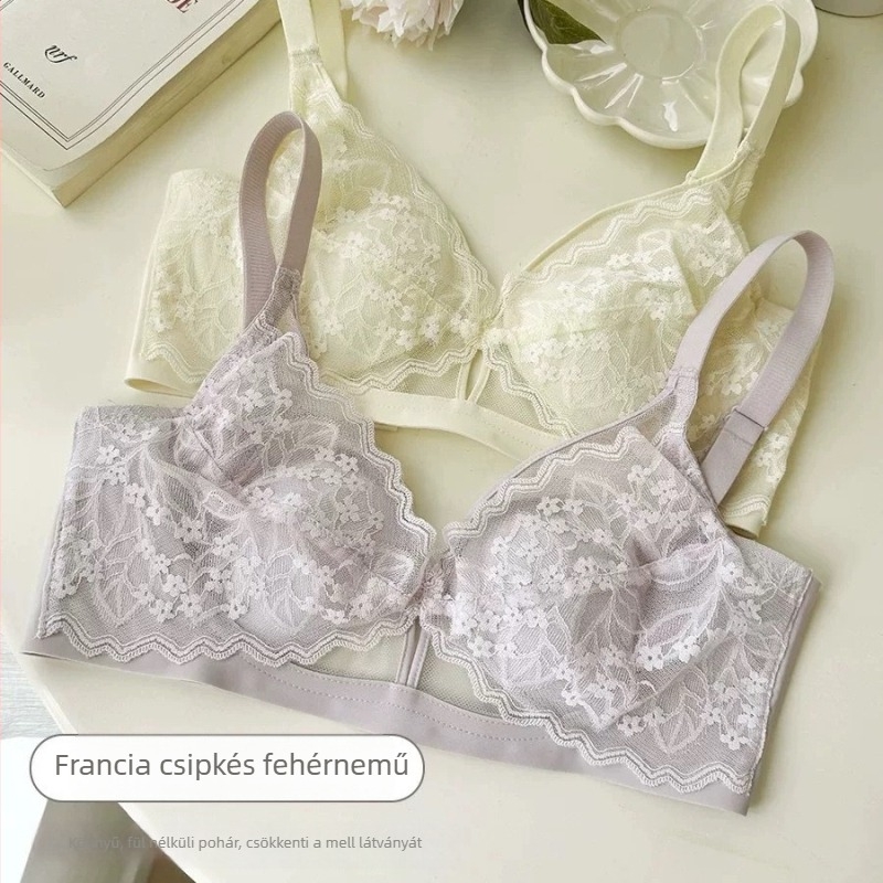 Francia csipkés melltartó, kristályos kosarakkal, merevítő nélkül, hátul három sor kapoccsal, rögzített dupla vállpántok