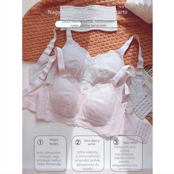 Drót nélküli csipkés melltartó, teljes kosár, vékony alakított kosár, levehető dupla vállpántok, hátul négy sor kapocs, pamut bélés