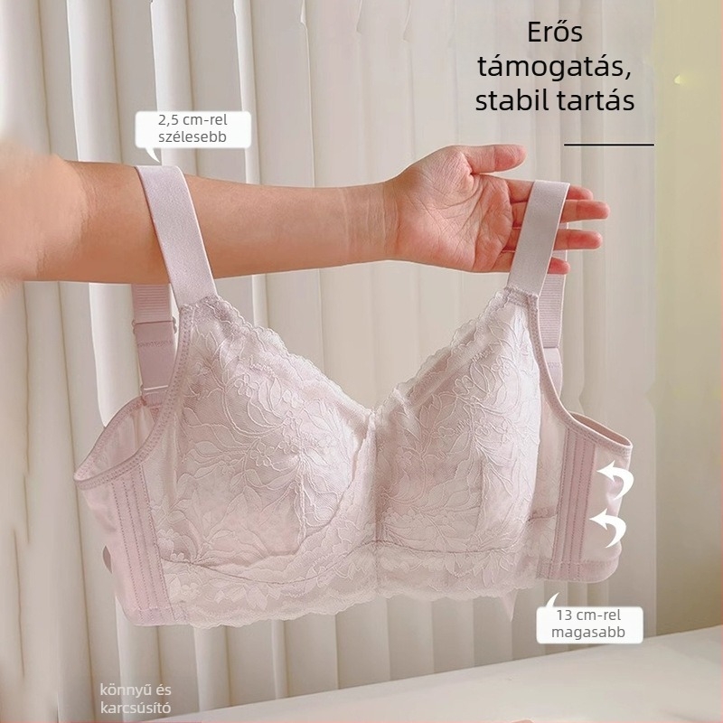 Drót nélküli csipkés melltartó, teljes kosár, vékony alakított kosár, levehető dupla vállpántok, hátul négy sor kapocs, pamut bélés